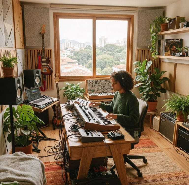 Cozy light-filled Scandinavian style music studio in São Paulo, soft daylight streaming, warm wood, acoustic panels, plants, 35mm film style.