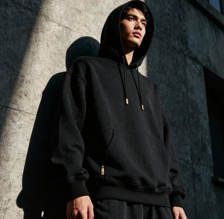 Low-angle heroic shot of a model in a dark concrete alleyway, wearing a heavy black oversized hoodie with subtle brushed gold hardware, dramatic high-contrast side lighting, deep shadows, 35mm film grain style.