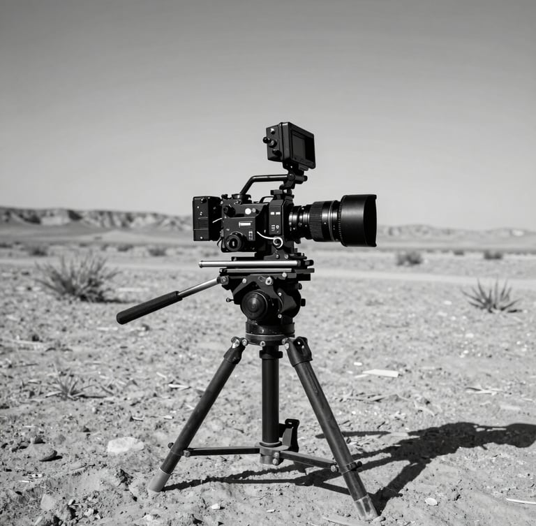 Stark behind-the-scenes gear setup in a remote desert environment, high contrast black and white, deep shadows, heavy camera equipment placed off-center.