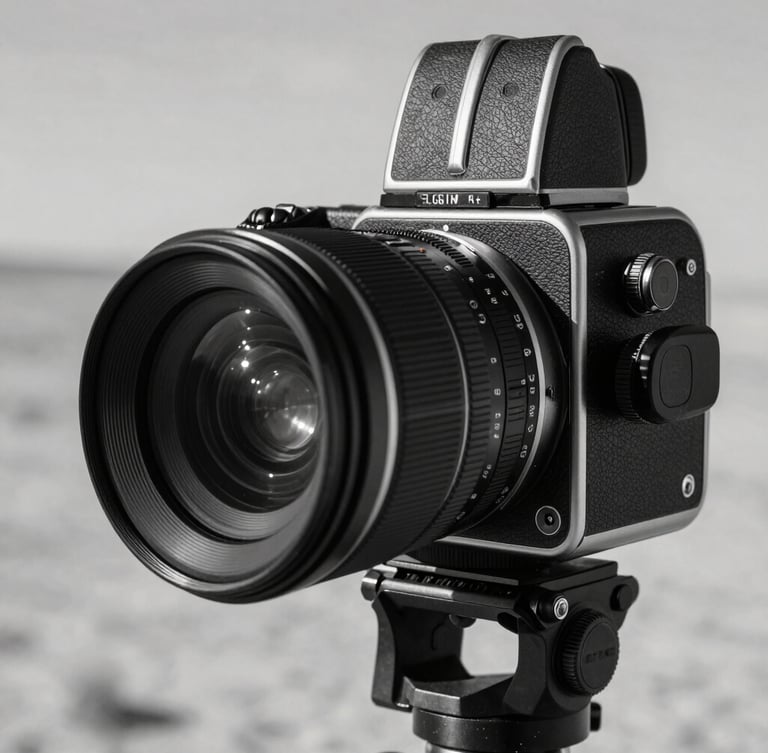 Extreme macro detail of a medium format camera lens on a tripod in a remote desert, stark high contrast black and white, dramatic natural light.