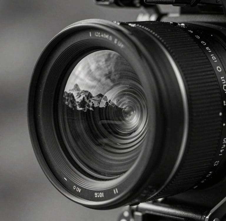 Extreme close-up of a high-end cinema camera lens with sharp reflections of a remote mountain landscape, dramatic chiaroscuro, black and white
