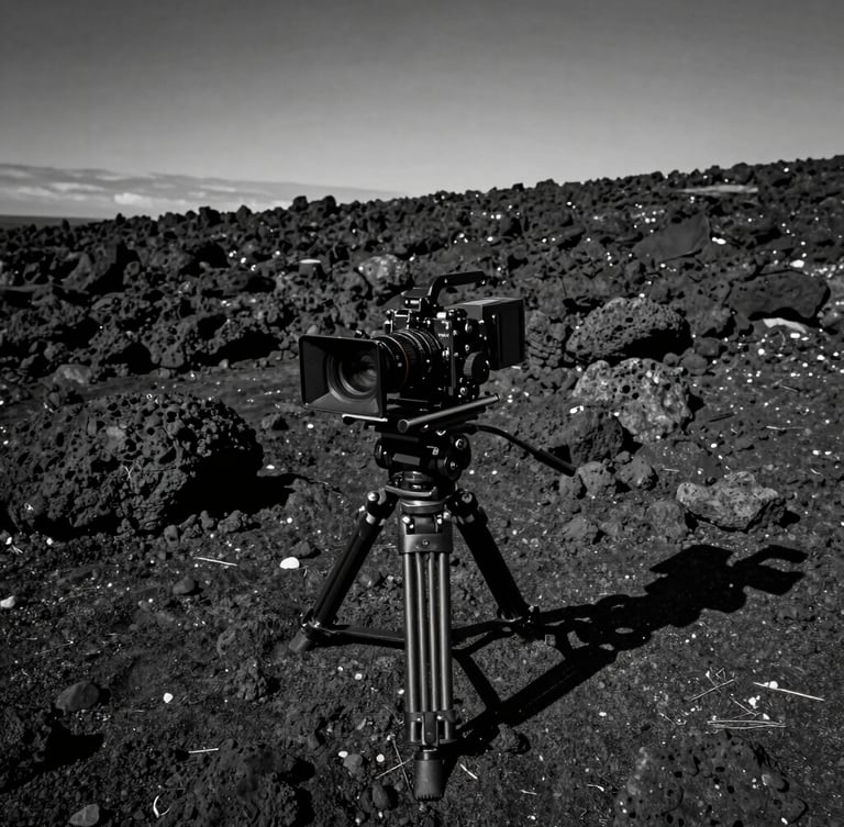 Ultra-wide cinematic shot of a camera rig positioned on a high-contrast black volcanic rock beach under dramatic natural light, deep shadows, monochrome.