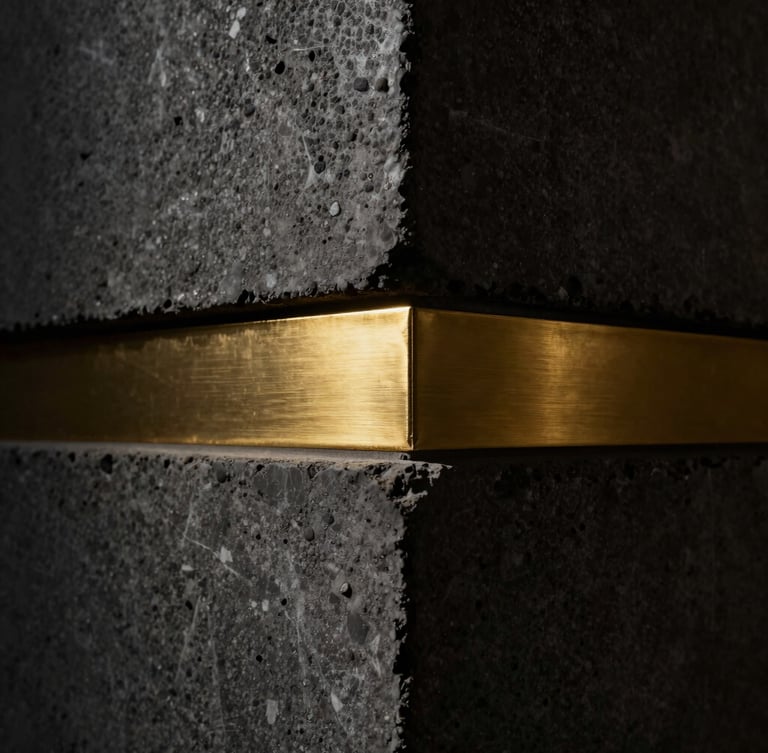Extreme close-up of premium textured raw concrete meeting a brushed gold steel joint, dramatic side lighting, architectural detail, high contrast, 35mm