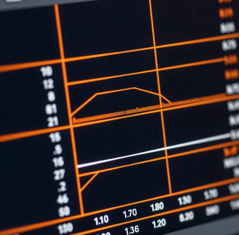 Extreme close-up of a high-contrast digital interface displaying real-time data visualizations, sharp orange accent lines on a dark screen