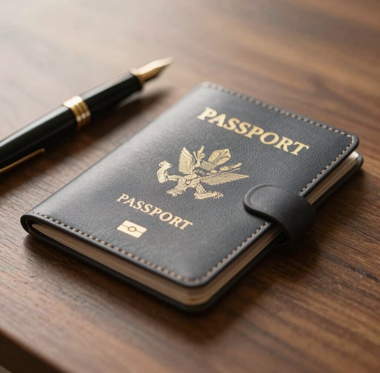 A close-up editorial shot of a leather passport holder and a fountain pen on a walnut table, soft golden hour light, shallow depth of field, 35mm