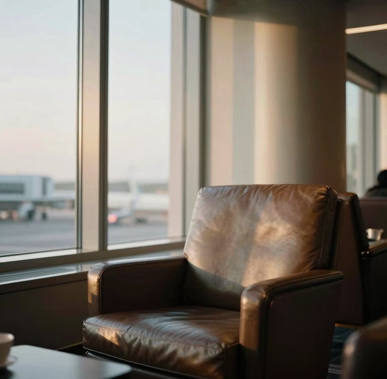 An elegant airport lounge corner with a leather armchair, soft golden hour light streaming through tall windows, muted sophisticated tones, 35mm photography.