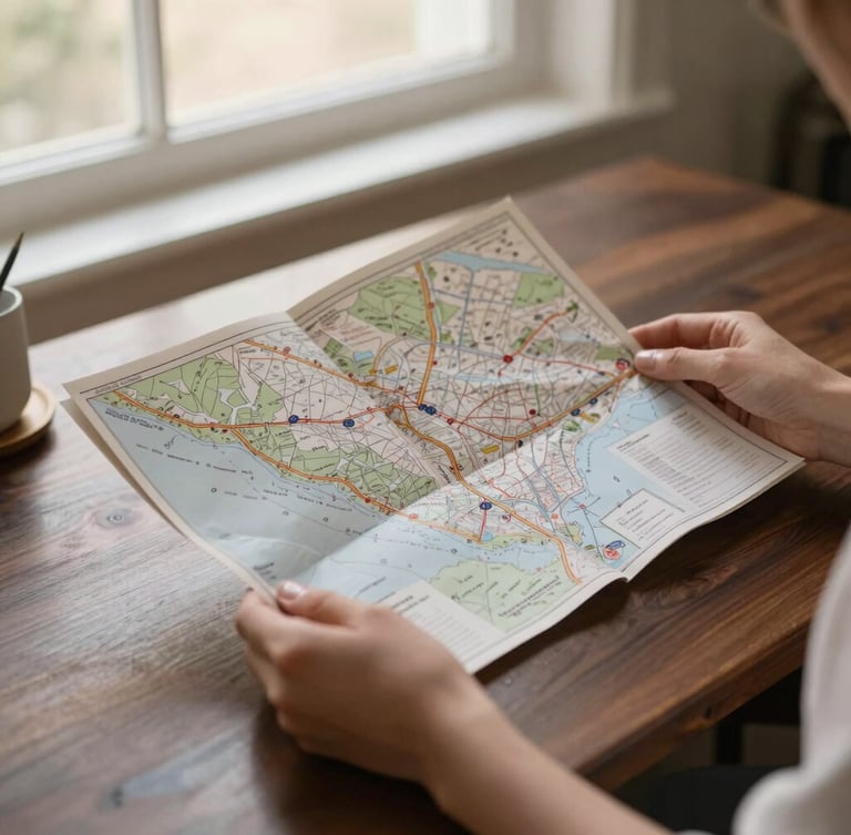 Hands holding an elegant printed itinerary map over a dark walnut desk, soft natural window light, shallow depth of field.