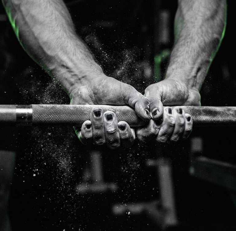 Dramatic close-up of hands gripping a steel barbell, chalk dust in the air, high-contrast black and white photography with sharp green lighting highlights, 35mm