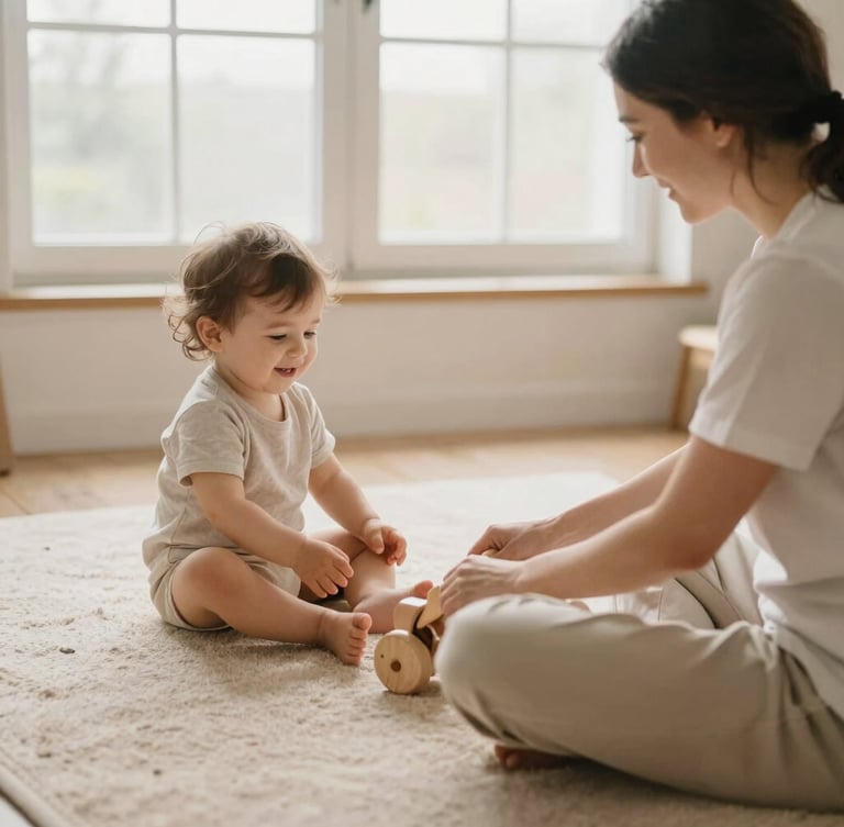 A therapist sitting at eye level on a soft sand-colored rug, gently rolling a wooden toy toward a smiling toddler, warm window light, 35mm.