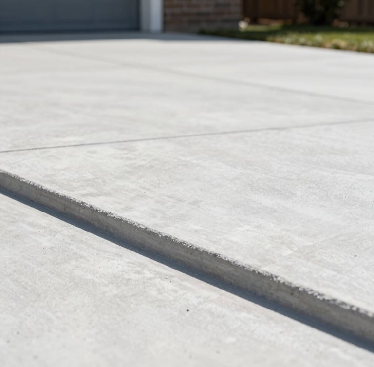 Low-angle architectural shot of a freshly poured, perfectly finished concrete driveway with crisp clean edges under bright natural daylight.