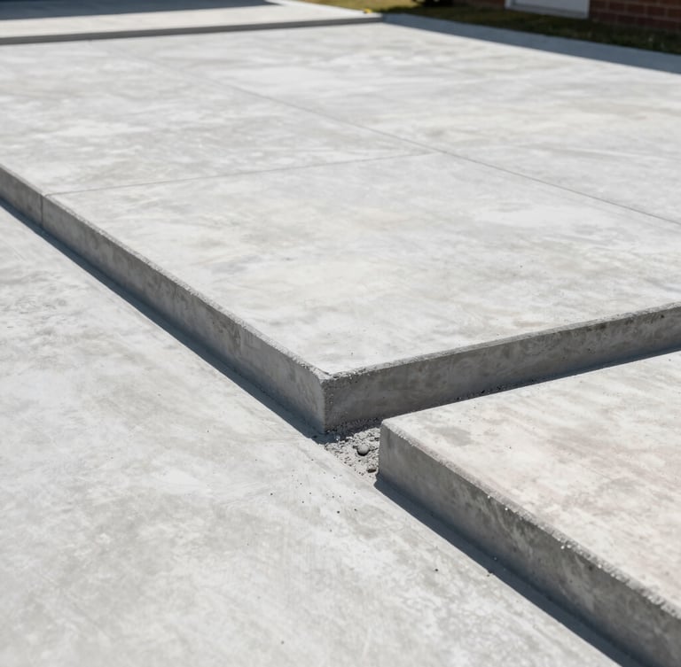 Low-angle architectural shot of a newly poured concrete driveway with crisp clean edges and perfect subgrade compaction under bright daylight
