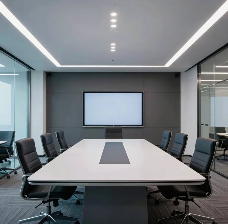 Sleek corporate office meeting room, architectural depth, cool crisp studio lighting with subtle purple and teal ambient accents, professional environment.