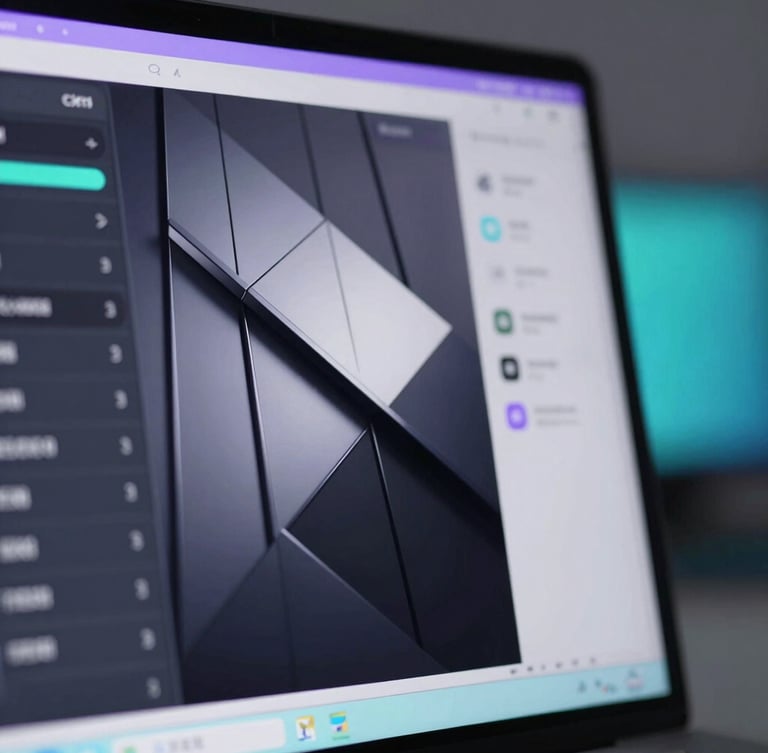 Close-up of modern technology interface on screen, sharp focus, cool crisp studio lighting with subtle purple and teal accents.