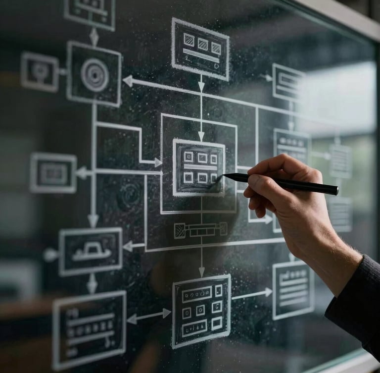 Macro detail of a complex system architecture diagram hand-drawn on a glass wall, sharp focus, moody high-contrast lighting, dark background