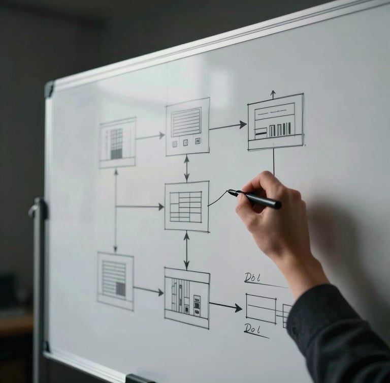 Tight editorial shot of hands sketching complex system architecture diagrams on a physical whiteboard, high-contrast moody lighting, dark background.