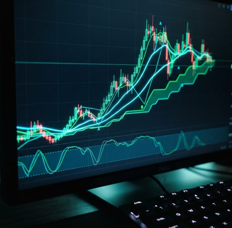 Macro close-up of a high-contrast TradingView chart on a dark monitor, glowing cyan and electric green indicator lines defining clear market structure, moody ambient workspace lighting