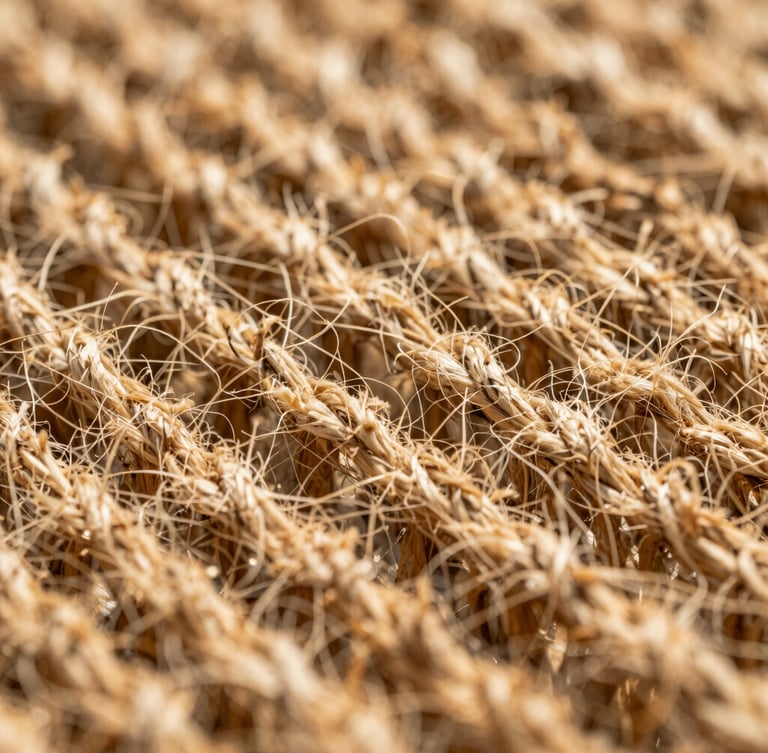 Macro shot of tightly woven raw golden jute fibers, side-lit by natural sunlight, highlighting the rich three-dimensional texture and organic golden-brown tones.