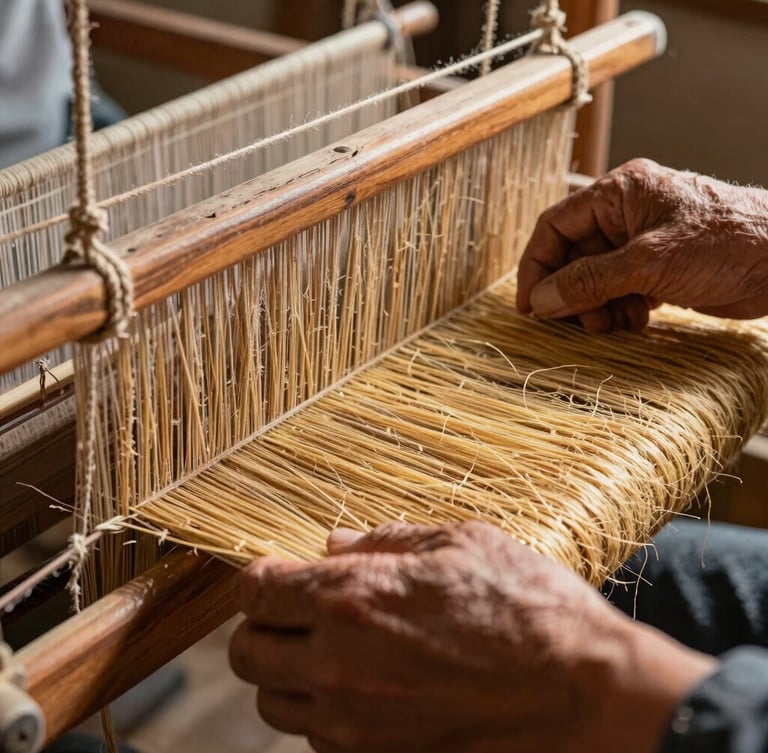 Extreme close-up of weathered hands operating a traditional wooden loom, side-lit by natural sunlight, highlighting the rough texture of golden jute fibers