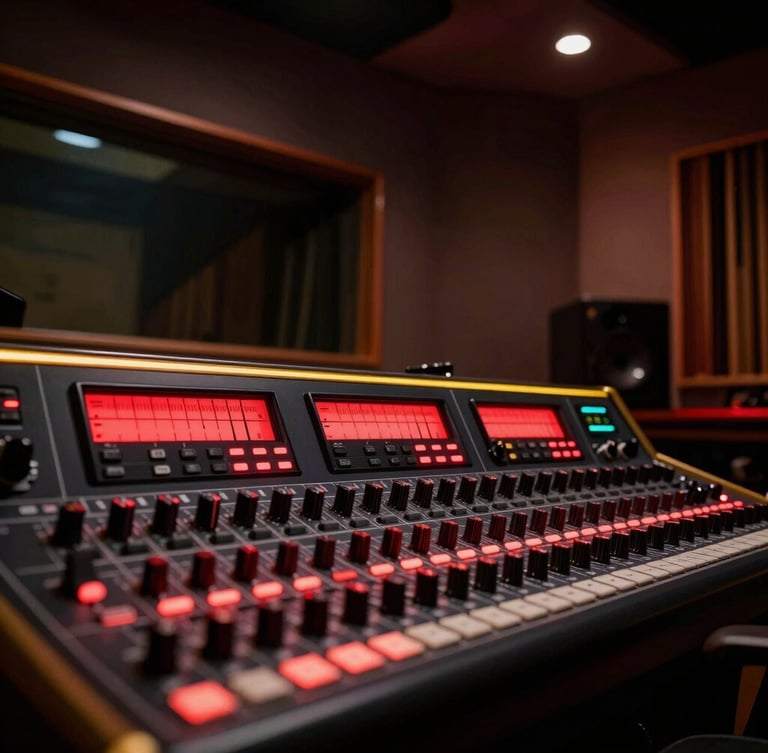 Low-angle cinematic shot of a dark recording booth, glowing red audio levels on a soundboard in the foreground, gold rim lighting, moody atmosphere