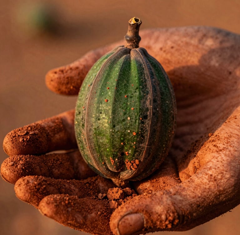 Extreme macro close-up of a raw baobab seed pod being held by hands covered in dry red earth, warm golden-hour light, rich tactile textures, shallow depth of field.