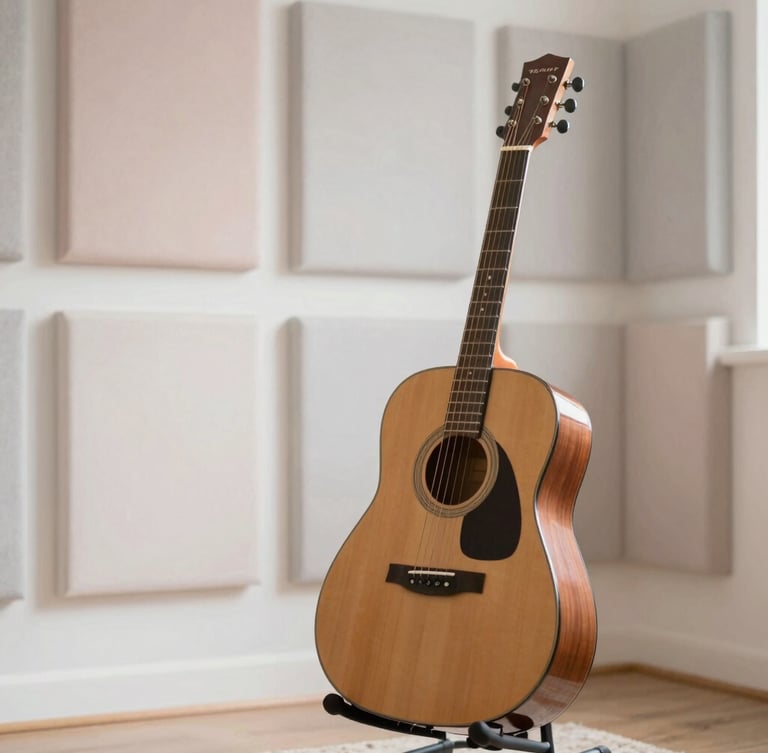 A cozy, sensory-friendly music room with soft-focus acoustic panels, a guitar resting on a stand, bathed in diffused morning light