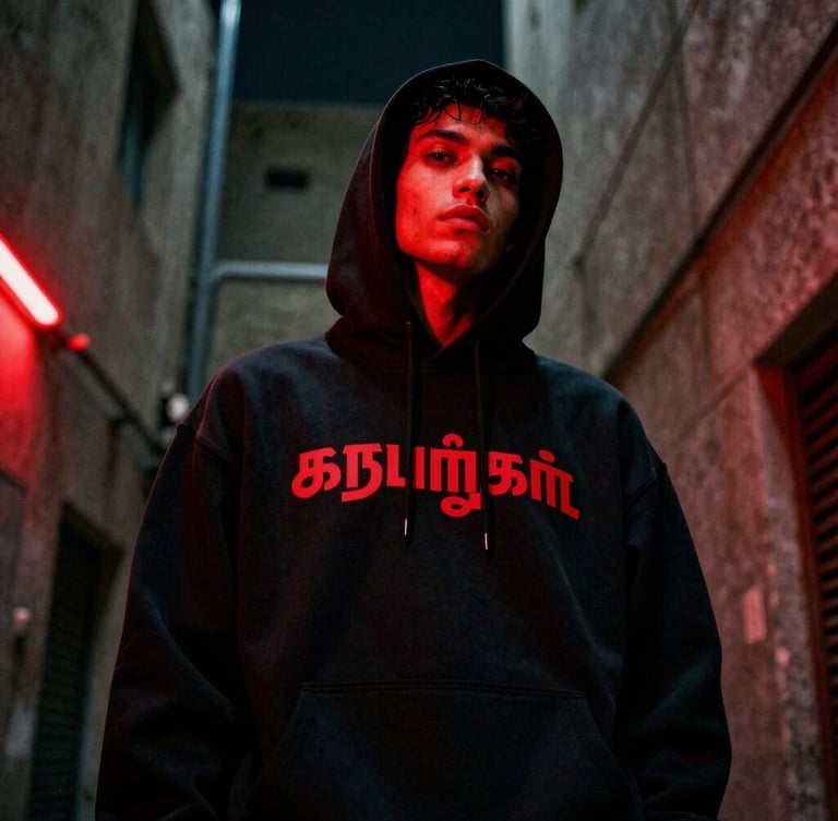 Low-angle heroic shot of a model wearing a black heavyweight hoodie with bold crimson Tamil typography, standing in a dark concrete alleyway in Doha, dramatic red neon rim light, 35mm film grain.