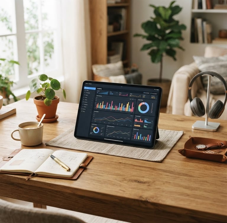 Warm editorial photography of a beautifully organized wooden desk, a sleek modern tablet displaying an analytics interface, soft natural window light, 35mm