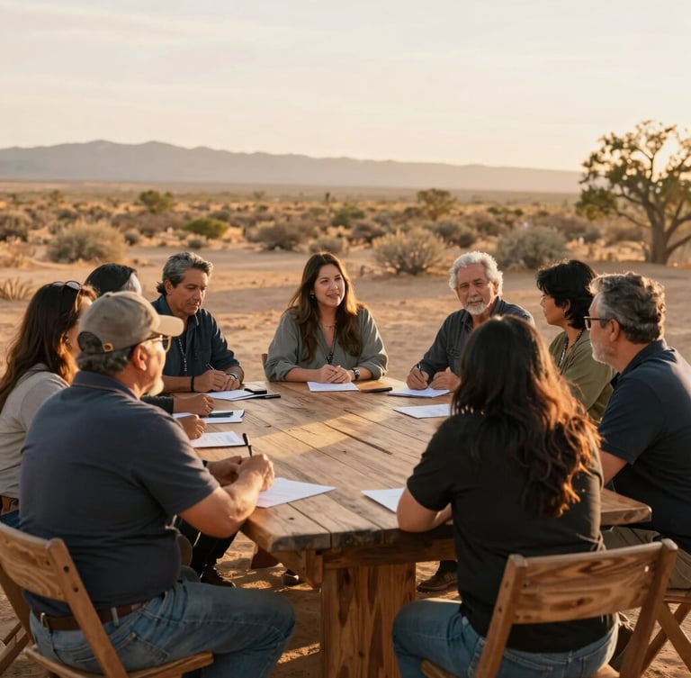Warm environmental portrait of community leaders sitting around a rustic wooden table in Banning during a planning meeting, soft natural golden-hour daylight