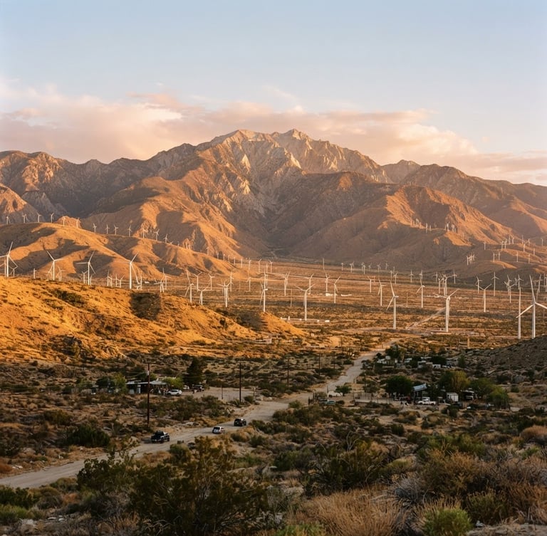 Wide environmental landscape of the San Gorgonio mountain range at golden hour, wind turbines in the valley floor, warm earthy tones, medium format photography