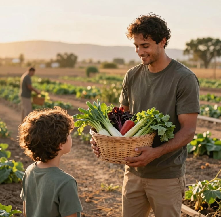 A warm environmental portrait of a local community garden volunteer showing a basket of freshly harvested vegetables to a child, soft golden-hour light