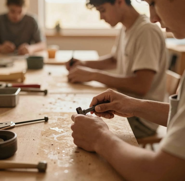 A close-up of hands-on vocational training, a student working with tools in a bright workshop, warm natural light