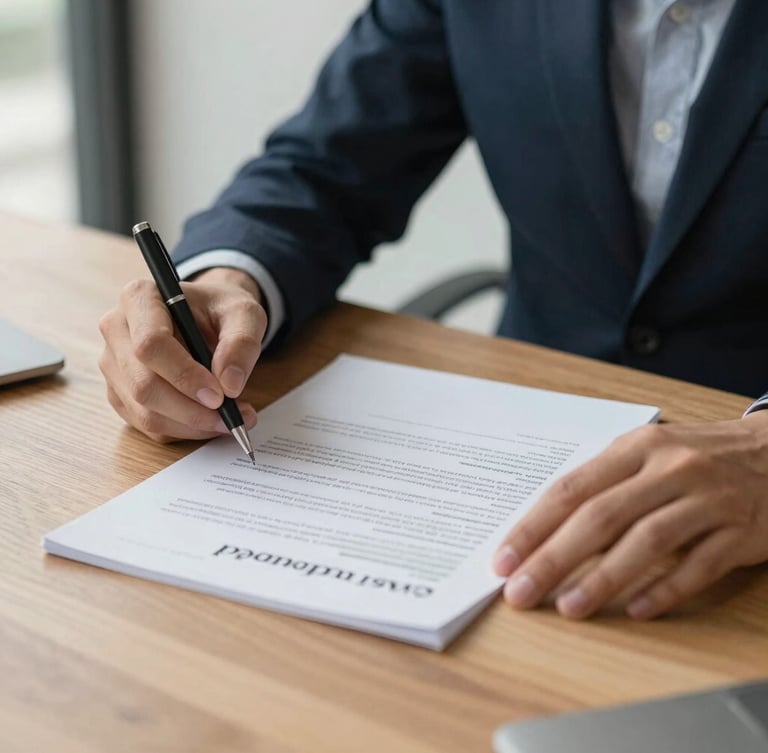 Close-up of hands reviewing business contract on a wooden table, soft natural daylight, minimalist office setting in Da Nang, 35mm lens