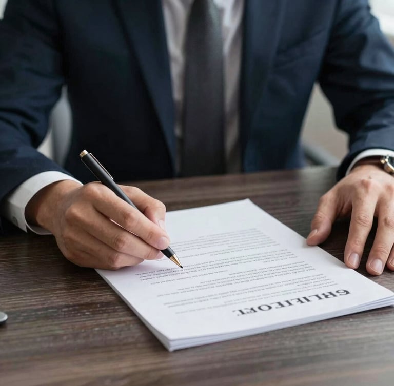 Sober editorial photography, close-up of hands reviewing contracts on a dark wooden table, soft natural daylight, deep navy and muted grey tones, clean composition, 35mm lens.