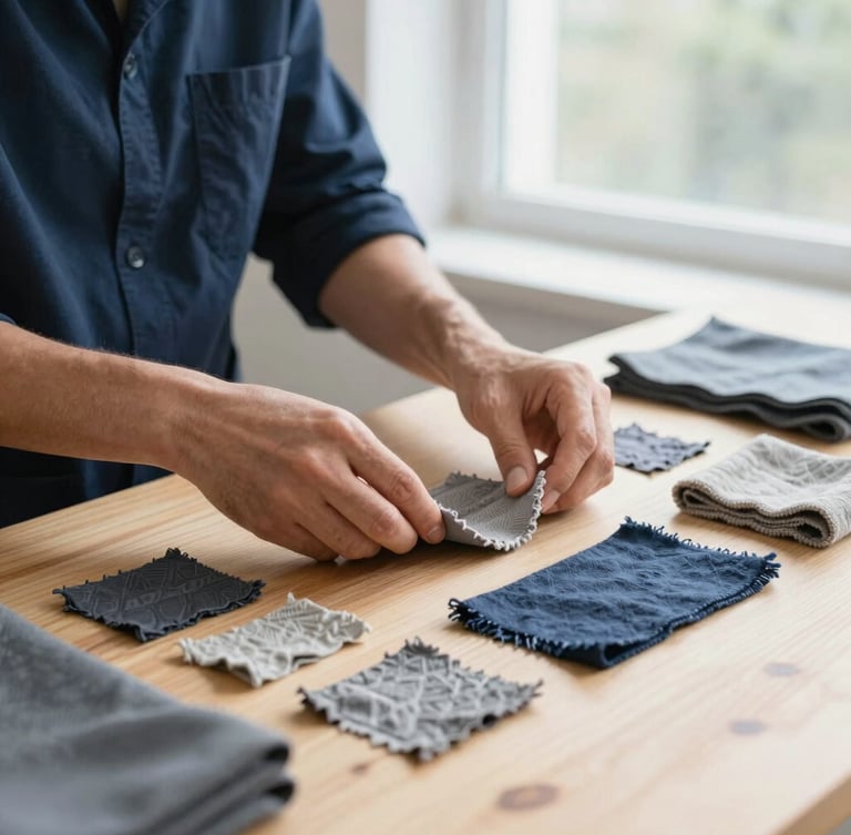 Gros plan sur des mains d'expert examinant des échantillons de textile brut sur une table de travail en bois clair, lumière naturelle de fenêtre.
