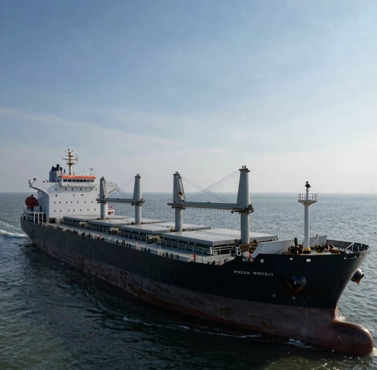 Wide-angle view of a dry-bulk carrier ship loaded with cargo, industrial vessel rigging visible, low-sun angle daylight