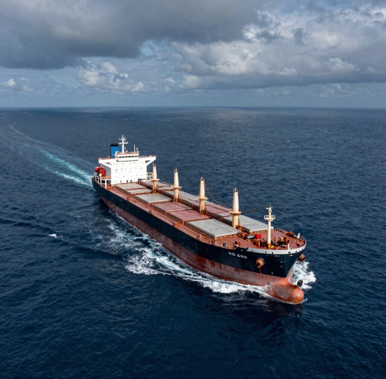 Wide-angle aerial view of a massive dry-bulk carrier slicing through deep steel-blue ocean waters under overcast maritime skies, dramatic lighting.