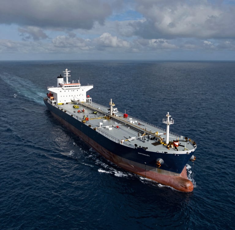 Aerial view of a large crude oil tanker at sea, deep steel blues and grays, overcast sky, dramatic high-contrast lighting
