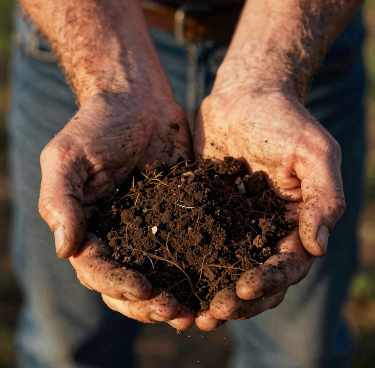Weathered hands holding rich dark Idaho soil, crisp morning light, highly detailed texture, 35mm film