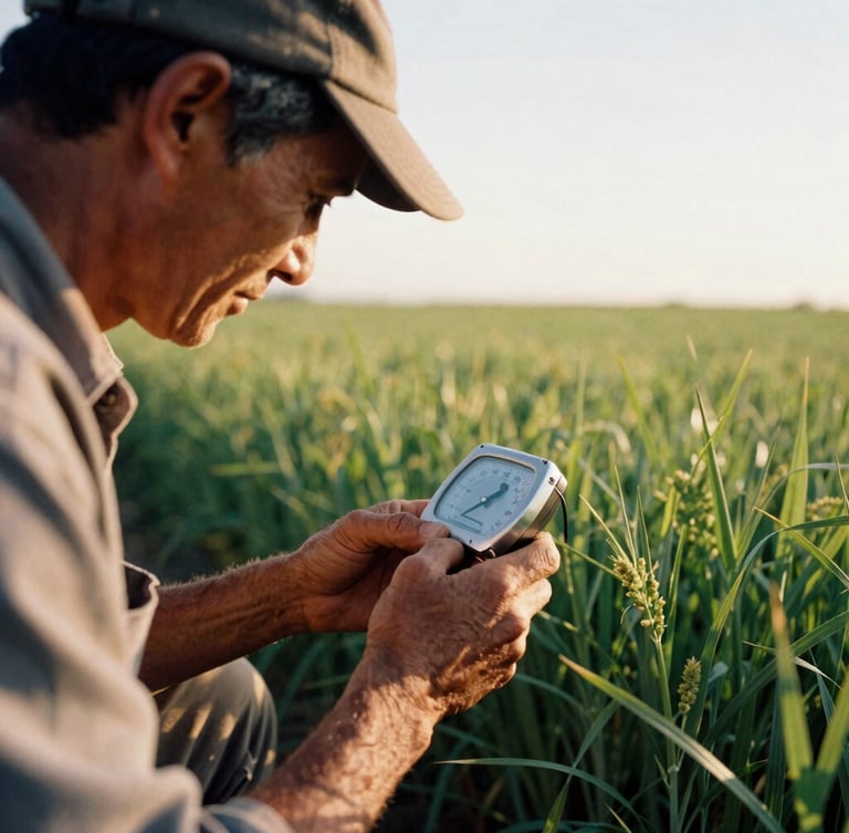 Close-up of a Seely family member in a dusty cap inspecting a green alfalfa field, holding a moisture meter, low-angle golden hour light, 35mm film