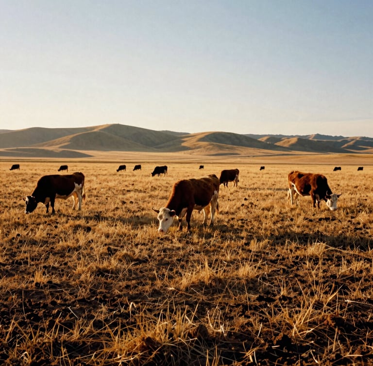Wide environmental landscape of cattle grazing on expansive golden-hour Idaho pastures, low-angle light casting long shadows across rich soil, 35mm film style.