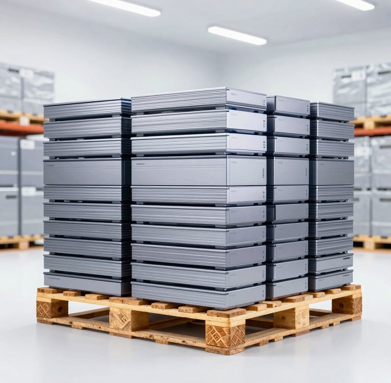 Straight-on product photography of neatly stacked pallets of branded enterprise laptops inside a bright, cool-toned clean logistics hub, high-key studio lighting.