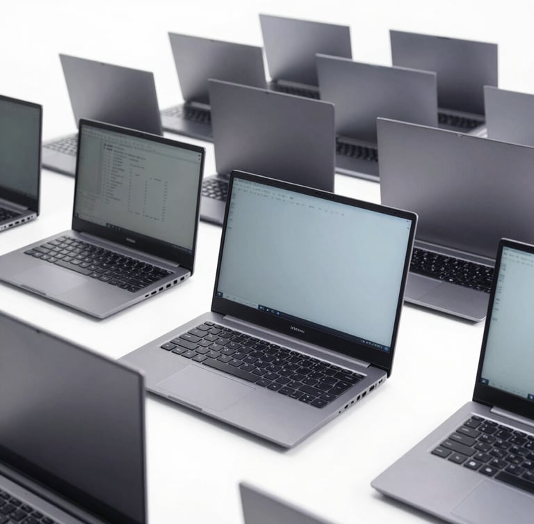 Crisp product photography of organized rows of identical enterprise laptops in a bright, high-key logistics hub, cool slate gray tones, sharp focus