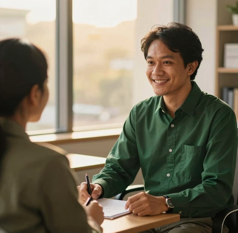 Warm editorial photography, soft golden-hour window light, rich deep green and gold tones, shallow depth of field, 35mm. A friendly Indonesian insurance consultant actively listening to a client, both seated comfortably at a modern, bright office, genuine connection, warm interaction, soft focus background.