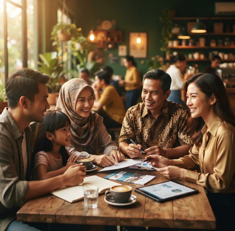 Warm editorial photography, soft golden-hour window light, rich deep green and gold tones, shallow depth of field, 35mm. A diverse Indonesian family and a business owner having a relaxed, collaborative discussion with a friendly insurance consultant over coffee, all smiling, warm interaction, soft focus background.