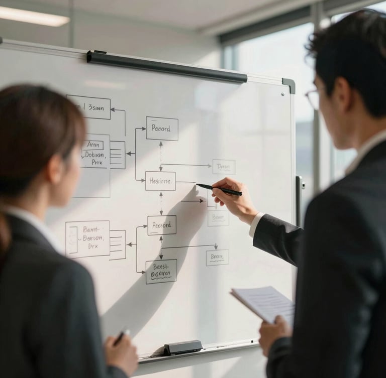 A collaborative whiteboard session in a modern high-end office, focused professionals analyzing workflow diagrams, warm natural daylight, soft shadows, 35mm
