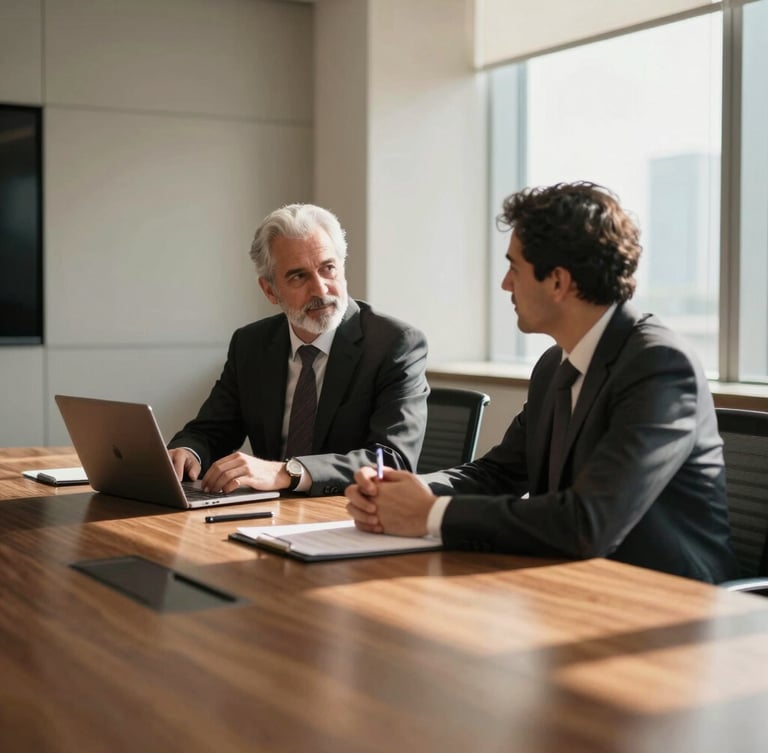 Warm editorial corporate photography of a modern Dubai boardroom. A professional sits at a wooden table in deep discussion, soft natural window daylight casting realistic shadows, shallow depth of field, 35mm.