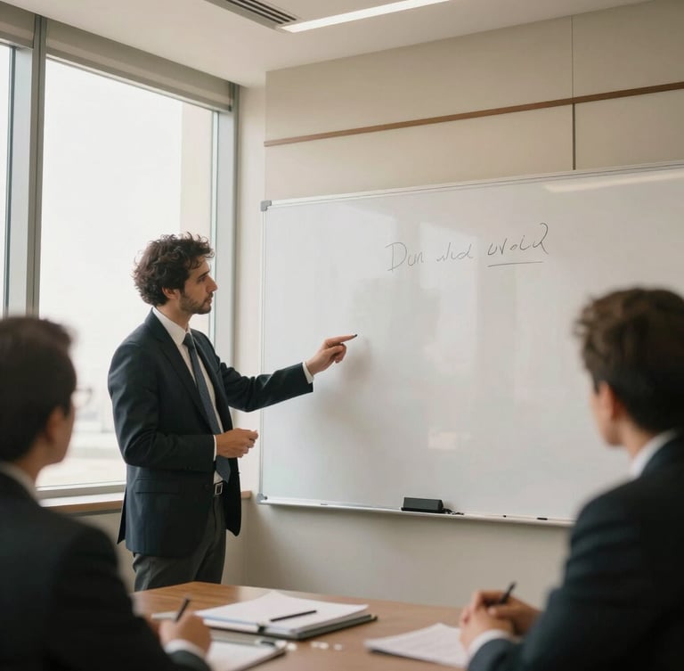 A clean boardroom environment in Dubai, warm natural window light, structured architectural lines, professional in deep discussion over a physical whiteboard, shallow depth of field, 35mm