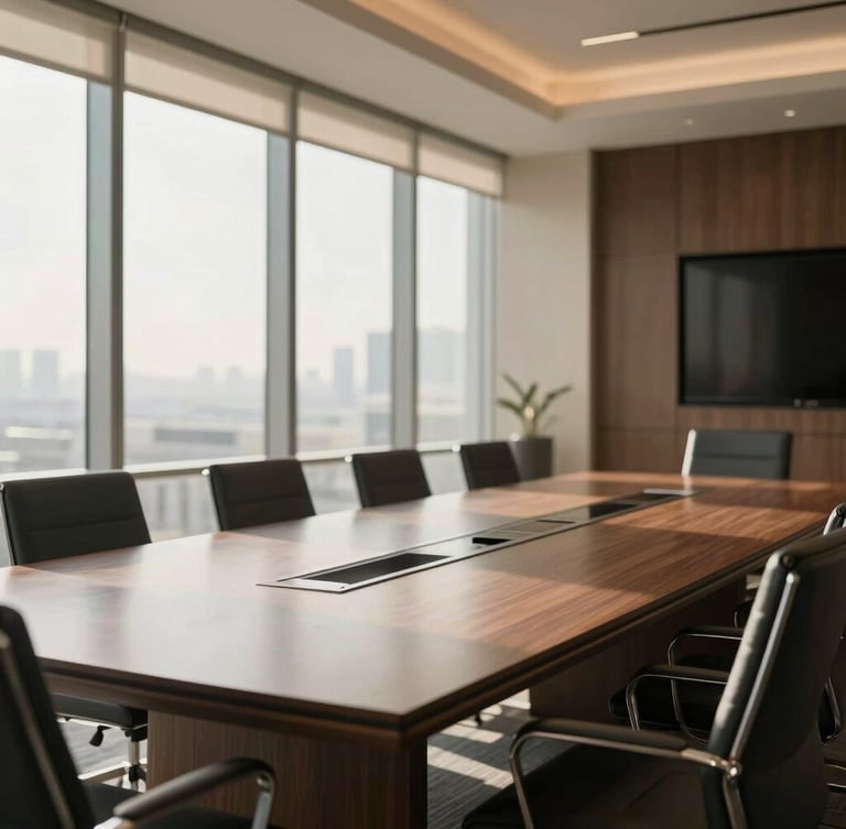 Wide environmental shot of a modern high-end corporate boardroom in Dubai, warm natural window daylight, soft realistic shadows, sophisticated muted tones.