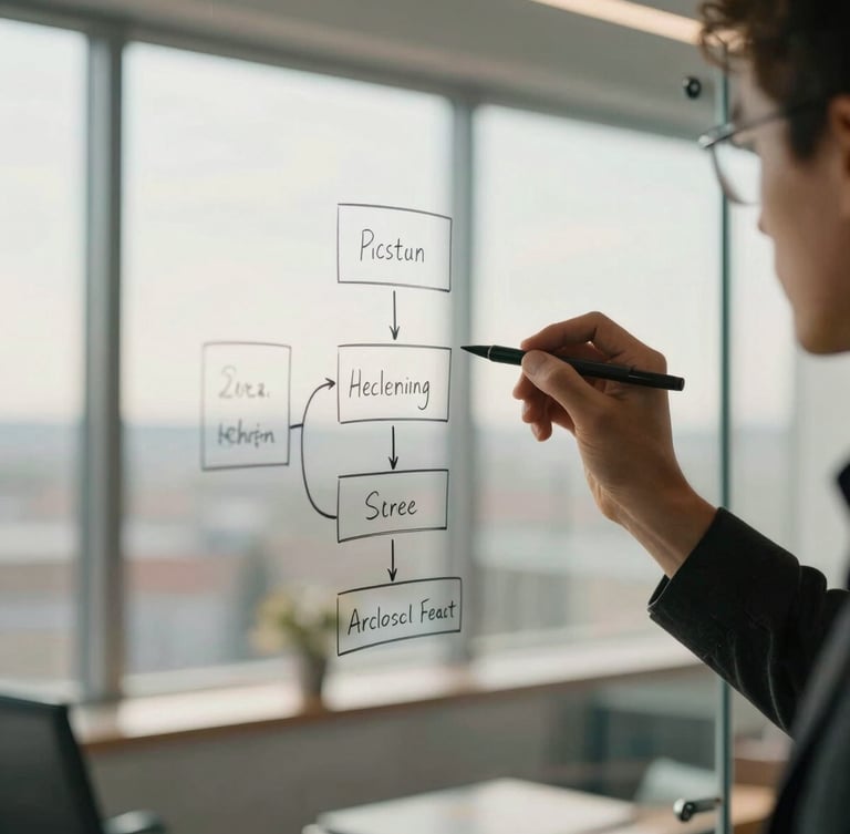 A close-up of a software architect sketching a system diagram on a glass whiteboard, warm natural window light, soft focus, professional environment