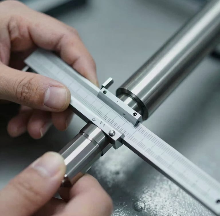 Close-up of hands holding a micrometer, measuring a precisely machined steel shaft, sharp industrial photography, cool metallic tones, high-contrast workshop lighting, macro detail, 50mm lens.